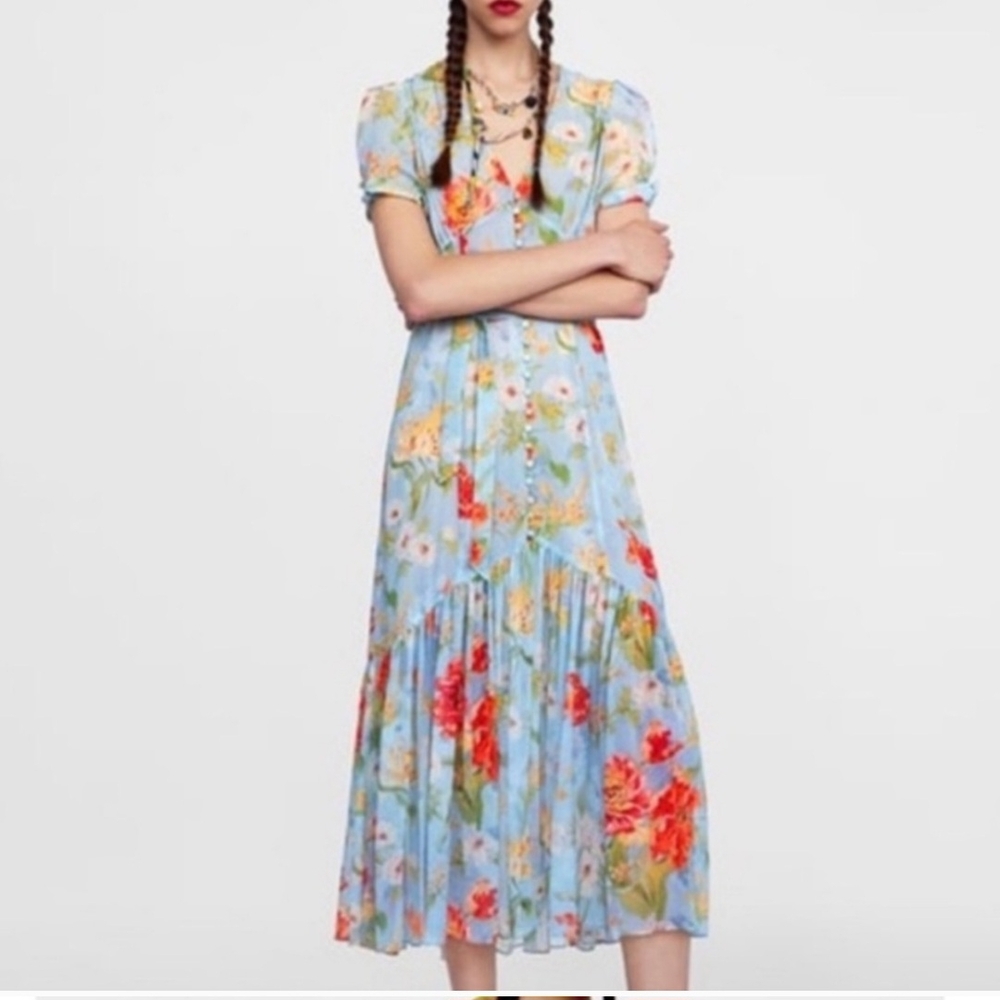 Zara Red and Blue Maxi Sundress with Puff Sleeves